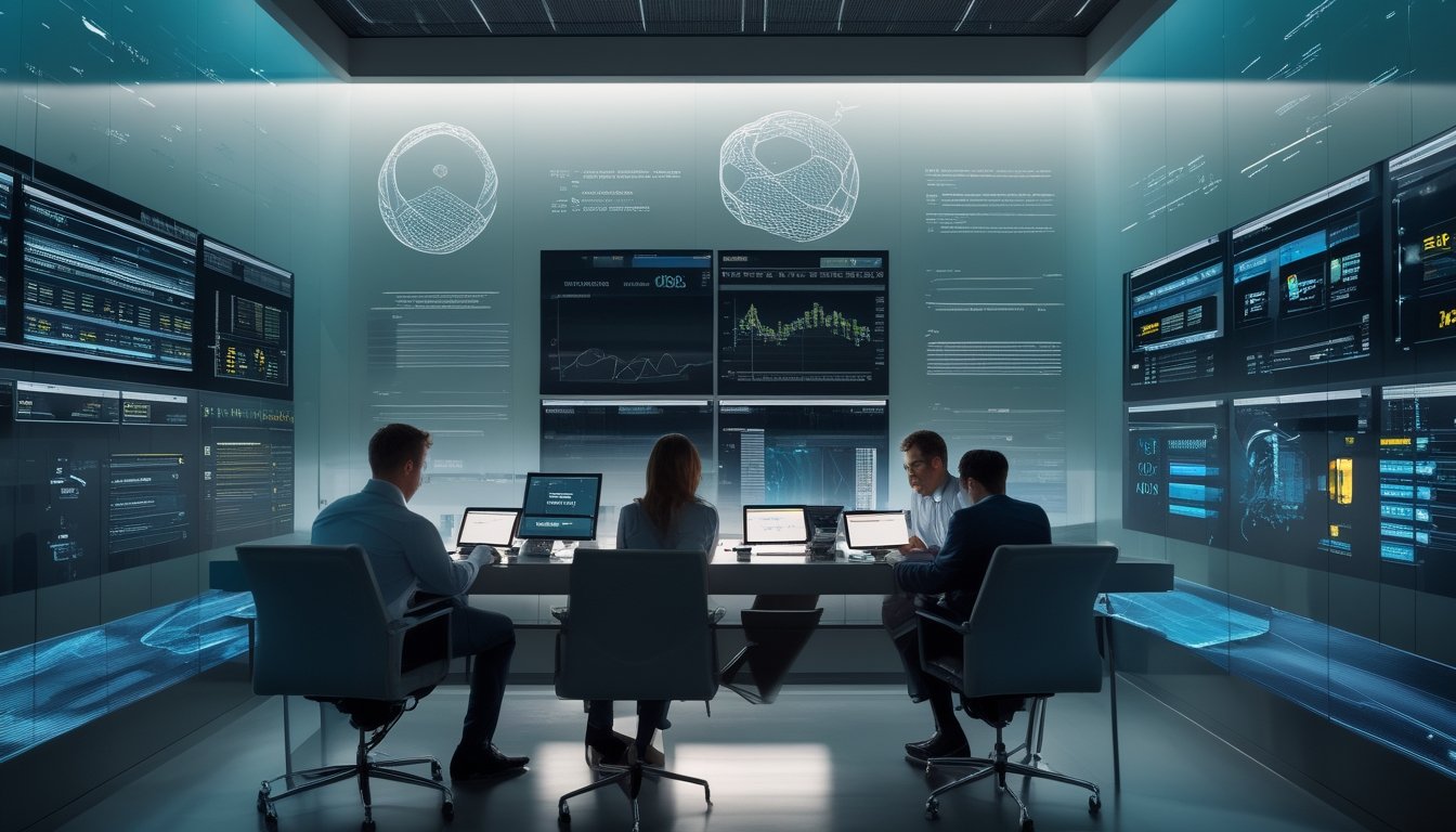 Analis mempelajari tren olahraga dan perilaku pengguna melalui visualisasi data di pusat analitik modern.