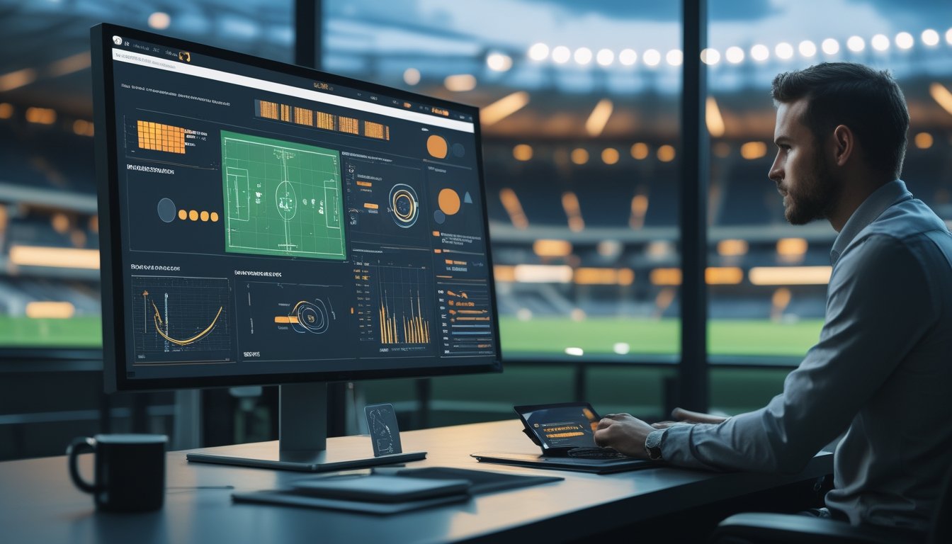 Analis sedang mempelajari visualisasi data pertandingan sepak bola di ruang kerja modern dengan stadion yang tampak samar di latar belakang.