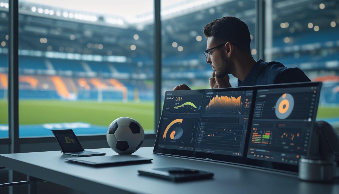Analis mempelajari metrik pertandingan sepak bola di ruang kerja modern dengan layar berisi visualisasi data abstrak.