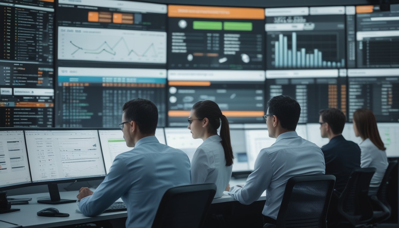 Tim analis olahraga membandingkan data pertandingan dan probabilitas pada beberapa layar di ruang kerja modern.