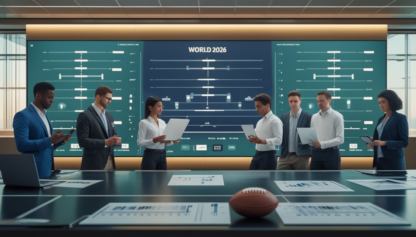Analis olahraga membahas grafik performa sepak bola di ruang kerja modern dengan latar stadion.
