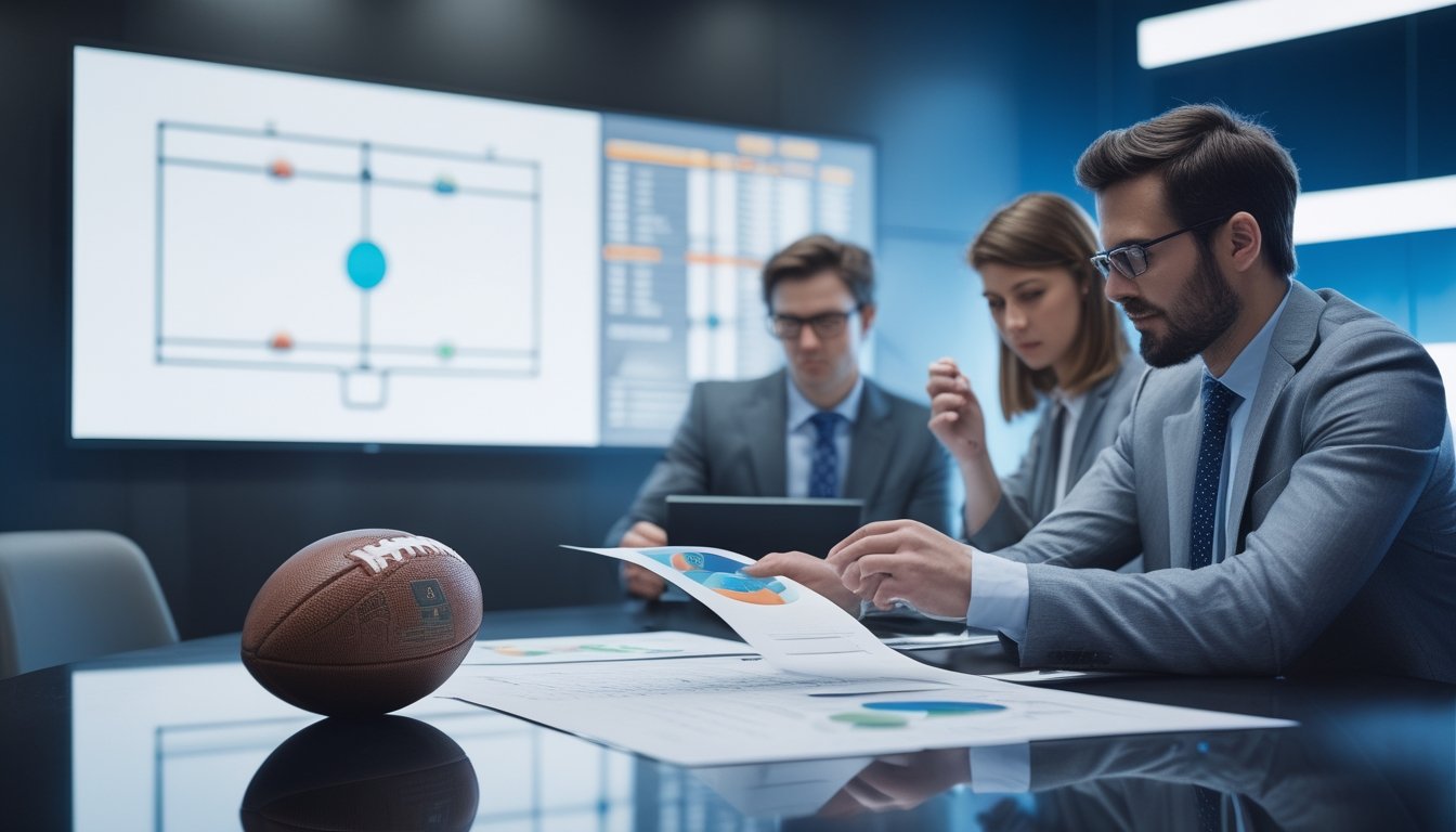 Sekelompok analis olahraga membahas statistik turnamen sepak bola di ruang kerja modern.
