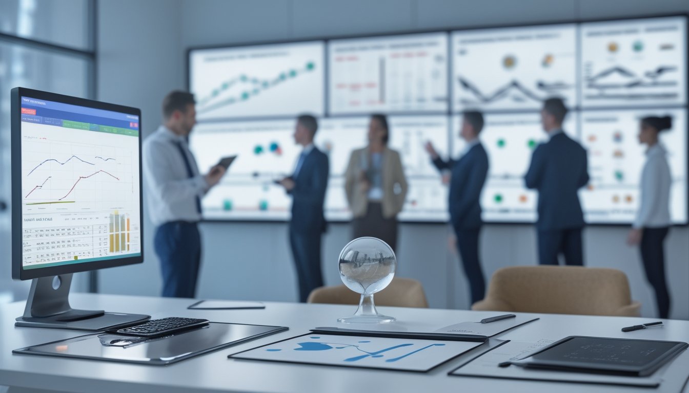 Analis dewasa mempelajari grafik data olahraga dan tren pasar di kantor modern dengan suasana profesional.