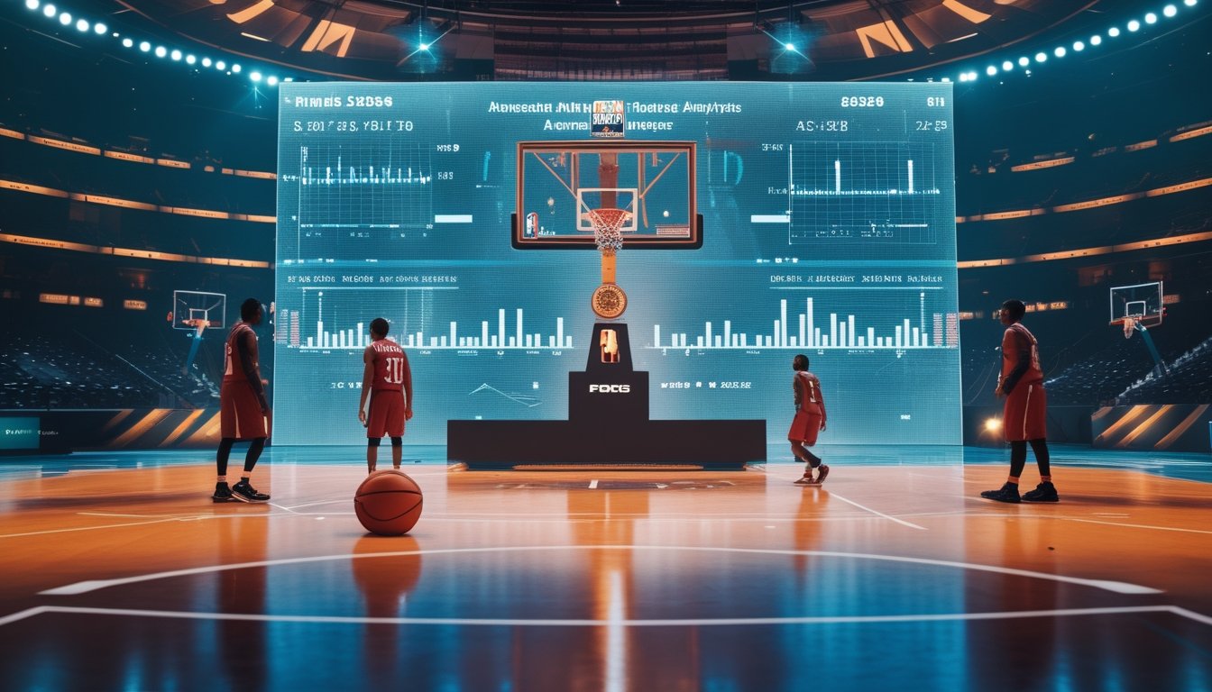 Bola basket dan trofi juara di studio analitik dengan grafik data holografis serta siluet pemain di latar belakang.
