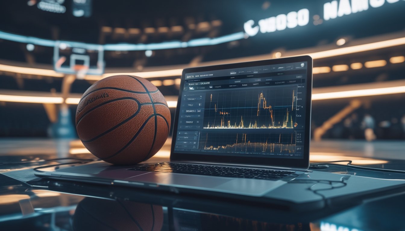 Bola basket dan laptop dengan grafik analisis di ruang kerja berlatar arena basket.