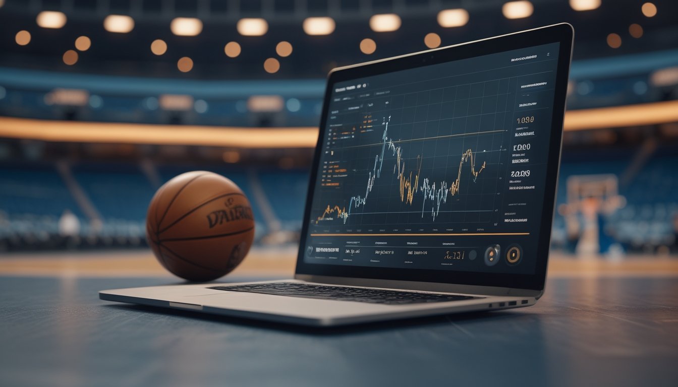 Bola basket di depan laptop yang menampilkan grafik analisis dan prediksi olahraga dengan lapangan basket di latar belakang.