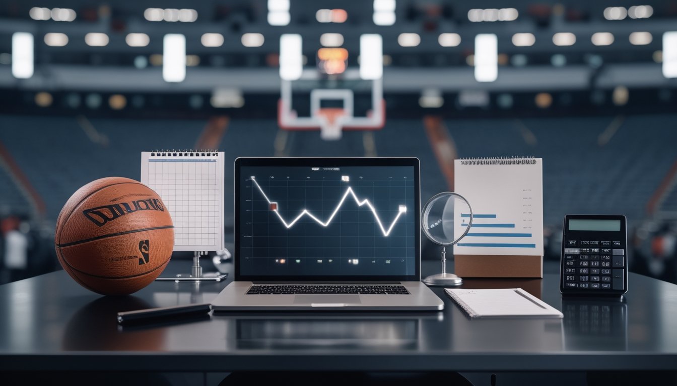 Meja analisis olahraga dengan bola basket, laptop berisi grafik abstrak, kalkulator, dan arena basket yang tampak samar di latar belakang.