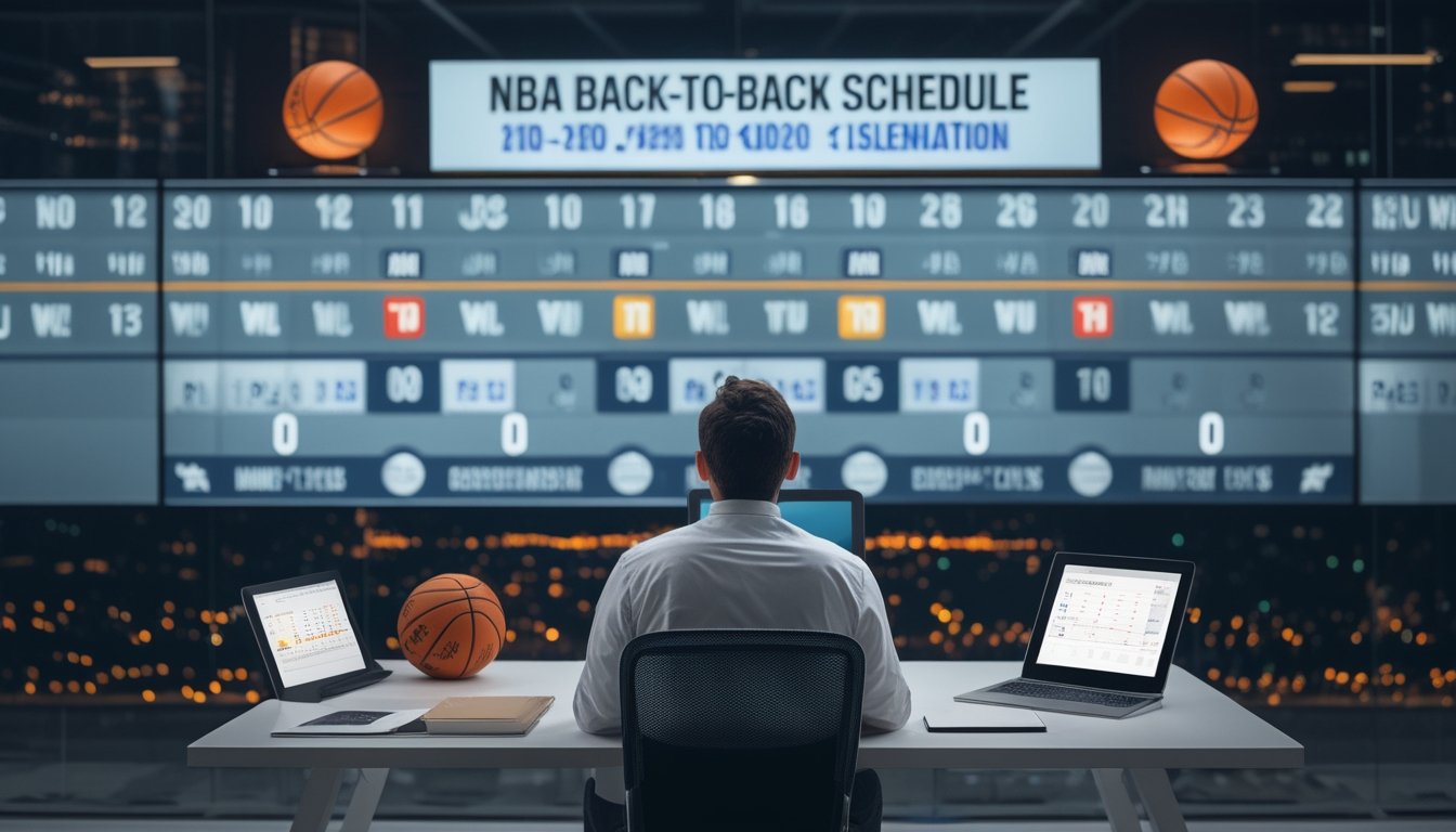 Seorang analis olahraga mempelajari jadwal pertandingan basket dan grafik perjalanan di meja kerja.