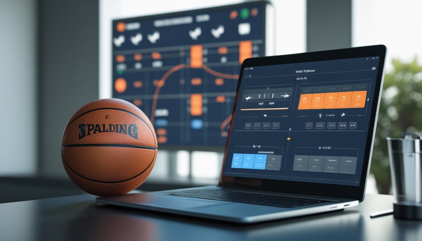 Meja analisis olahraga dengan bola basket, laptop berisi grafik abstrak, kalender visual, dan simbol perjalanan.