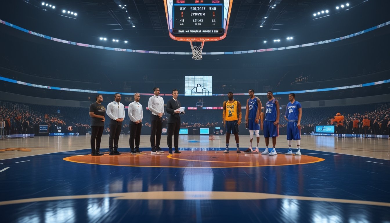 Pemain basket profesional berdiskusi di lapangan arena dengan papan strategi dan grafik analisis.