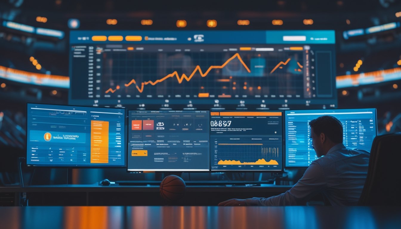 Ruang analisis olahraga modern dengan bola basket, grafik statistik abstrak, dan layar yang menampilkan visualisasi pertandingan.