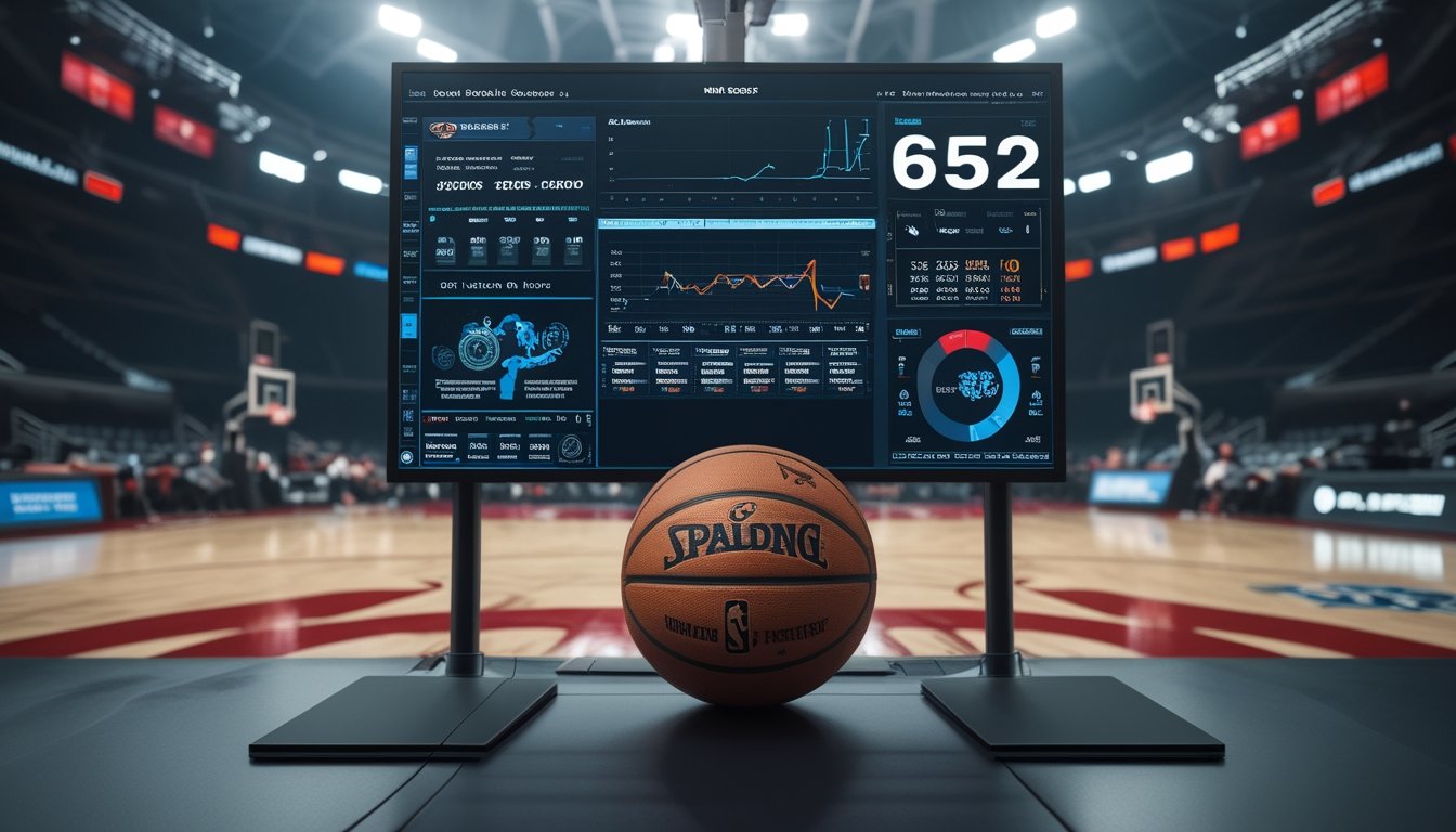 Arena basket dengan meja analisis olahraga dan grafik data abstrak pada layar.
