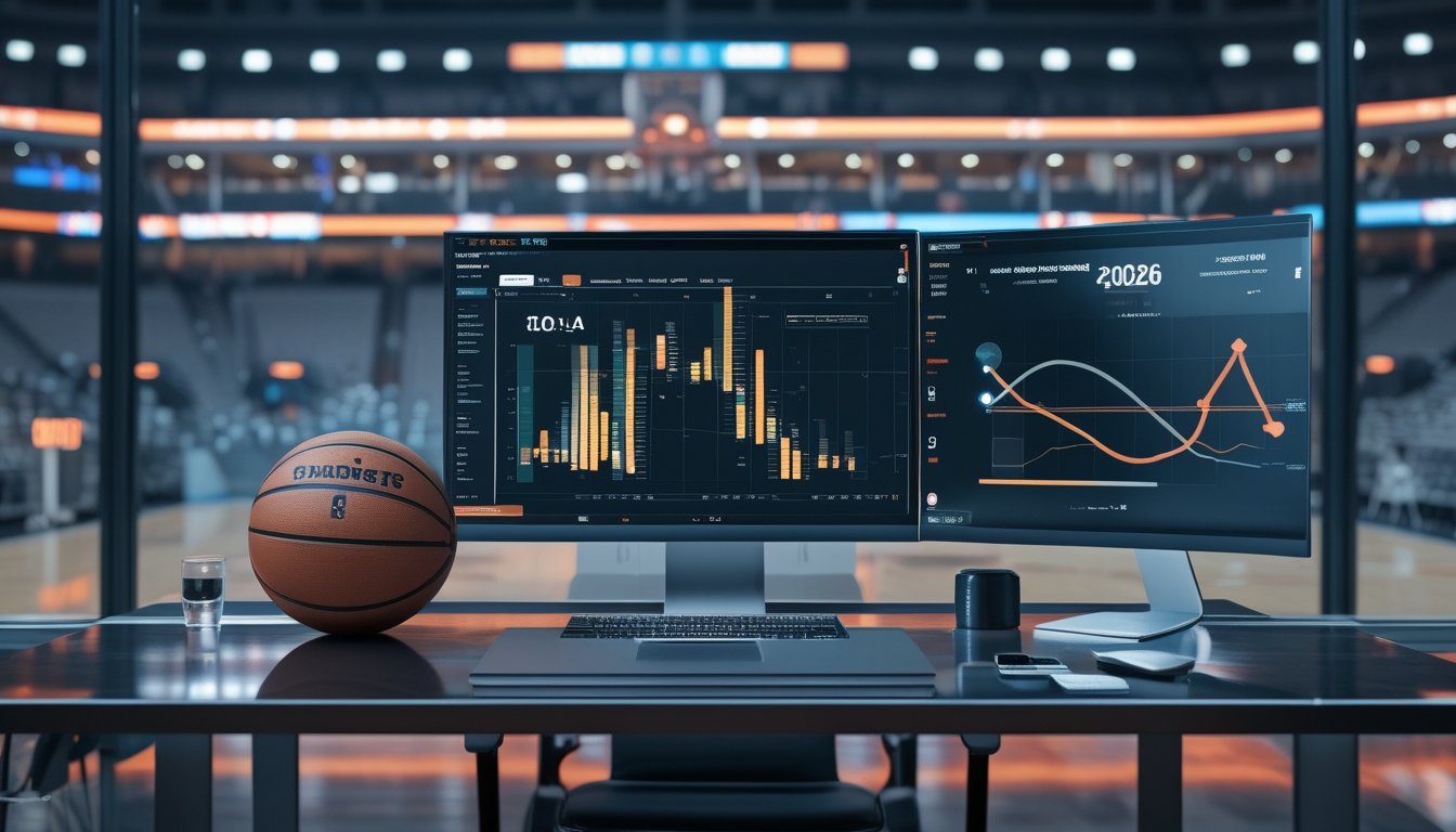 Meja analisis dengan bola basket, layar berisi grafik statistik abstrak, dan arena basket di latar belakang.