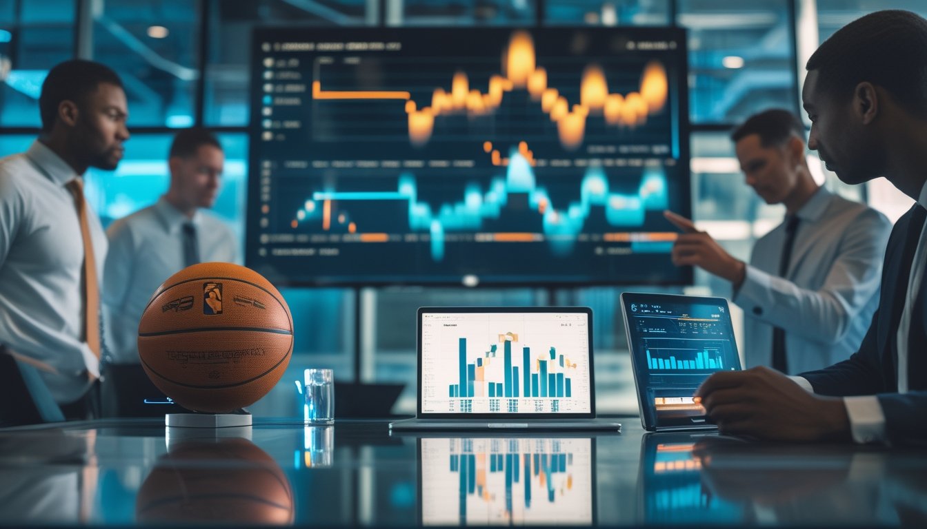 Analis mengamati grafik abstrak dan indikator tren di ruang kerja analitik olahraga dengan bola basket di meja.