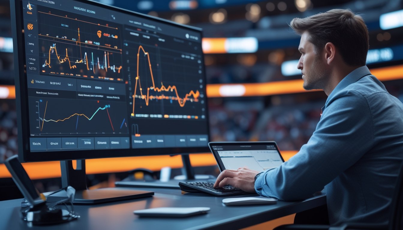 Seorang analis olahraga memeriksa grafik data pertandingan bola basket di ruang kerja modern.