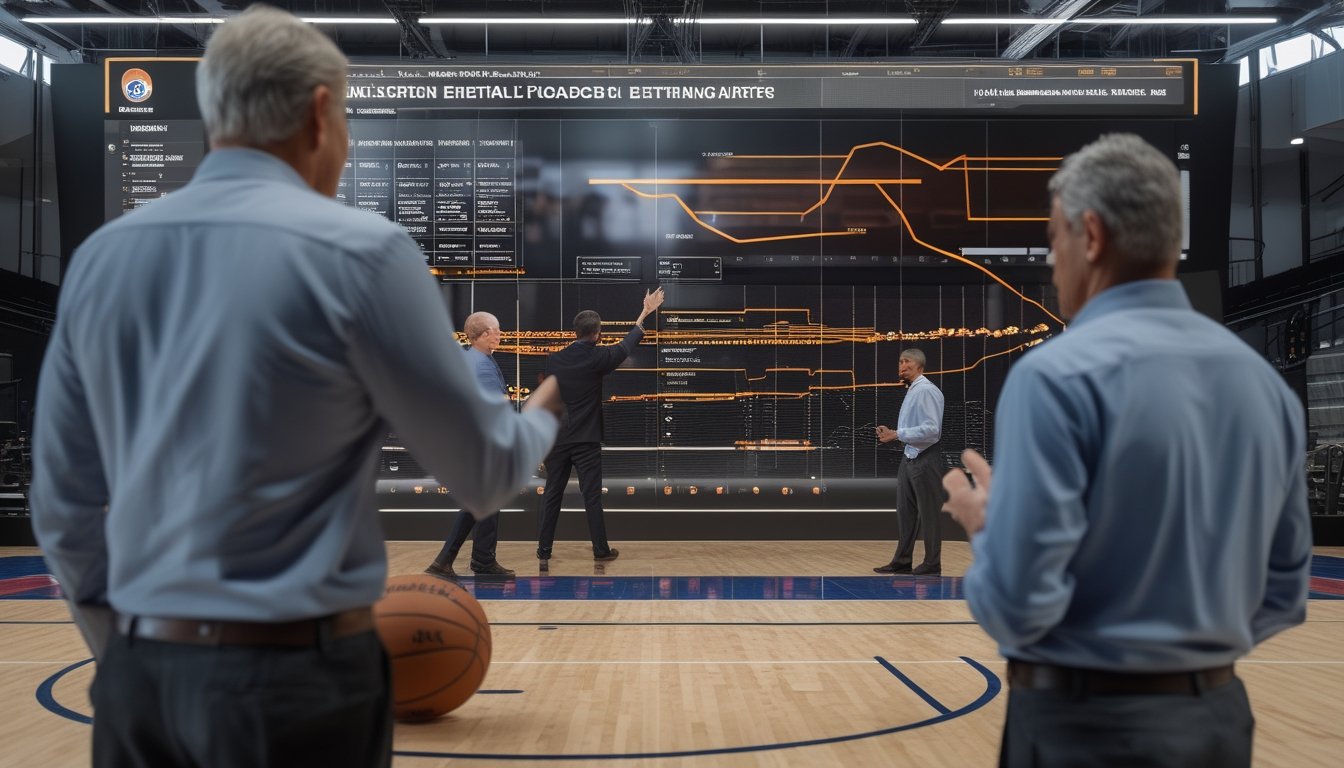 Analis olahraga membahas data pertandingan basket di depan layar analitik dengan bola basket di meja.
