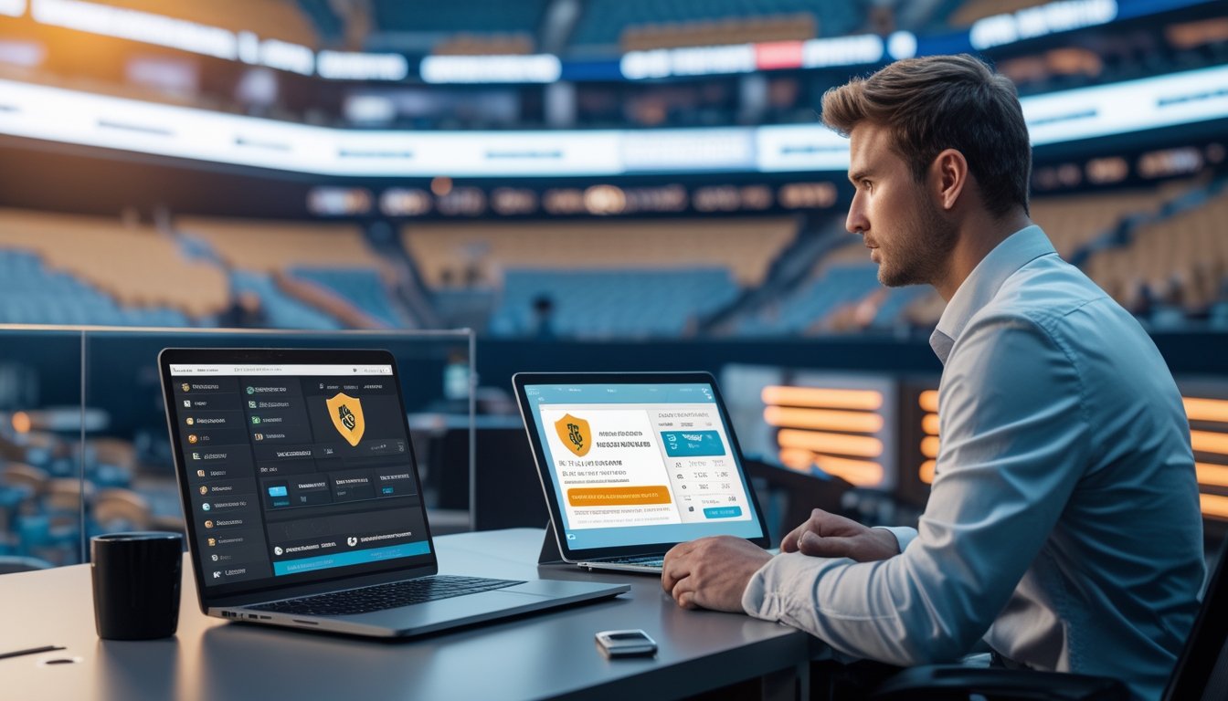 Seorang analis membandingkan platform taruhan olahraga digital di meja kerja dengan latar arena bola basket.