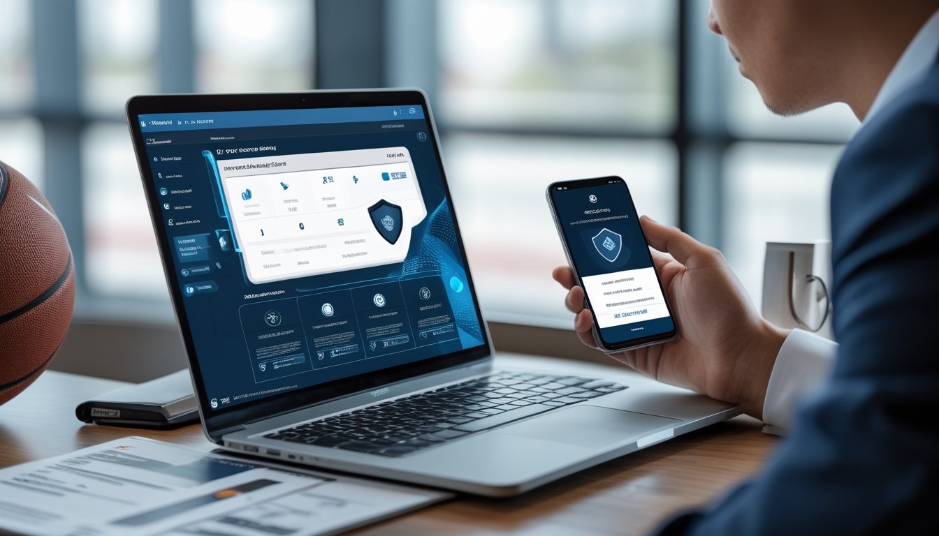 Seorang profesional memeriksa platform olahraga digital yang aman dengan simbol perisai, gembok, dokumen legal, dan bola basket.