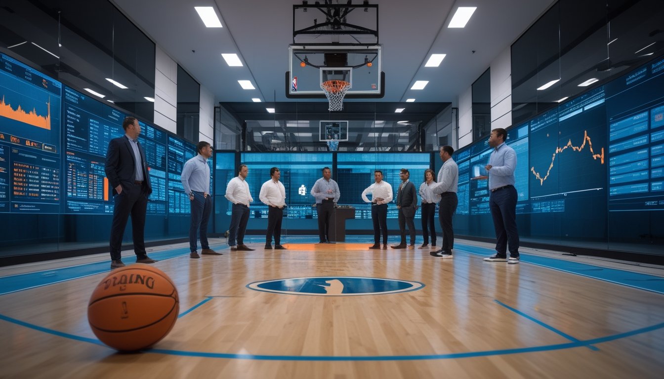 Analis dan staf pelatih meninjau data performa tim basket di ruang analitik modern dengan lapangan basket di latar belakang.