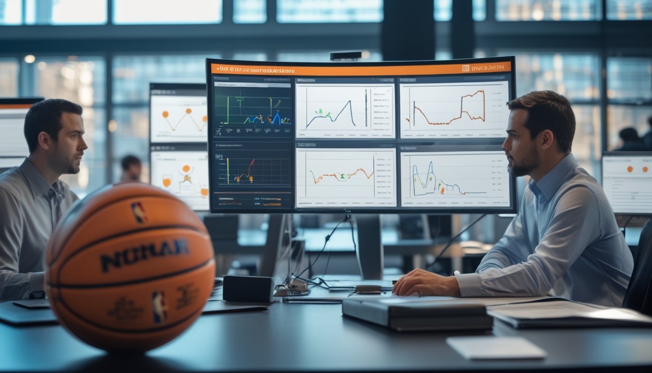 Analis bola basket membandingkan grafik probabilitas di ruang kerja modern dengan lapangan NBA di latar belakang.