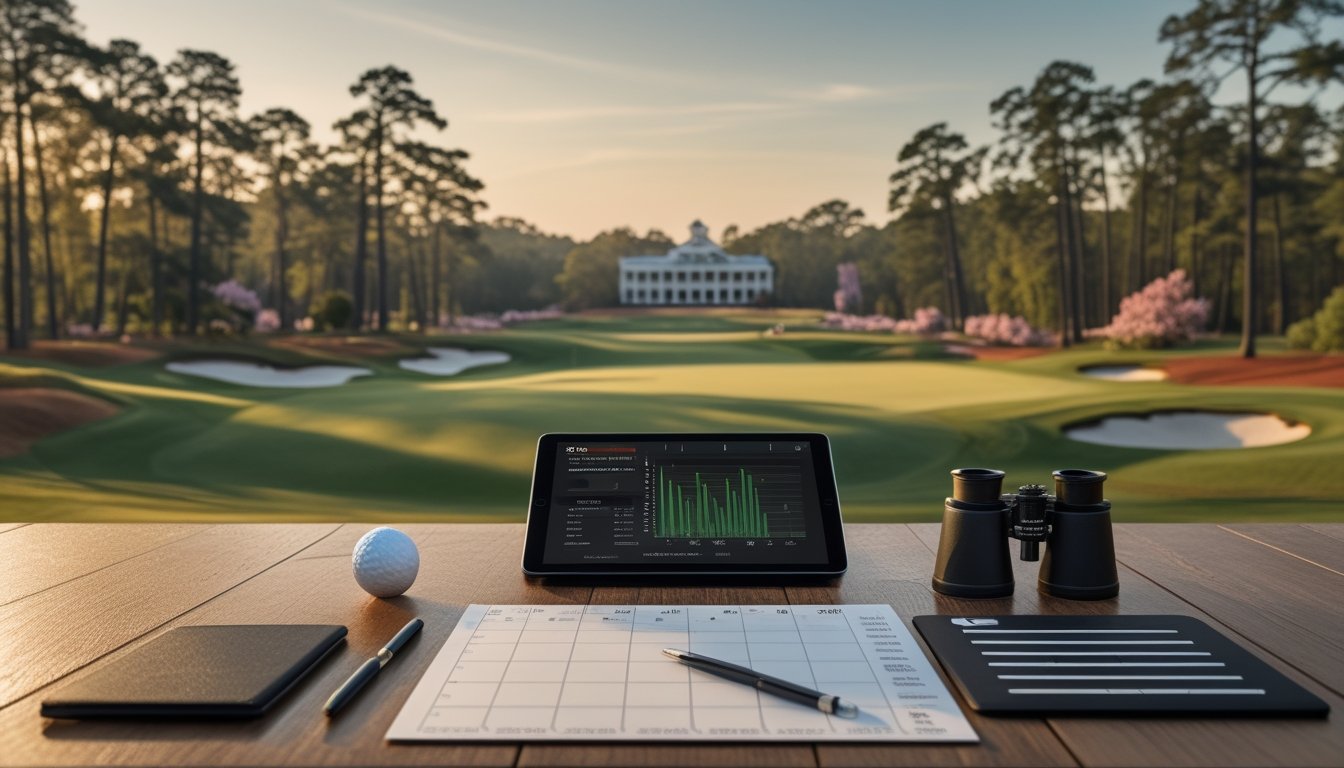 Seorang analis mengamati lapangan golf Augusta National dengan perlengkapan dan grafik statistik di meja.