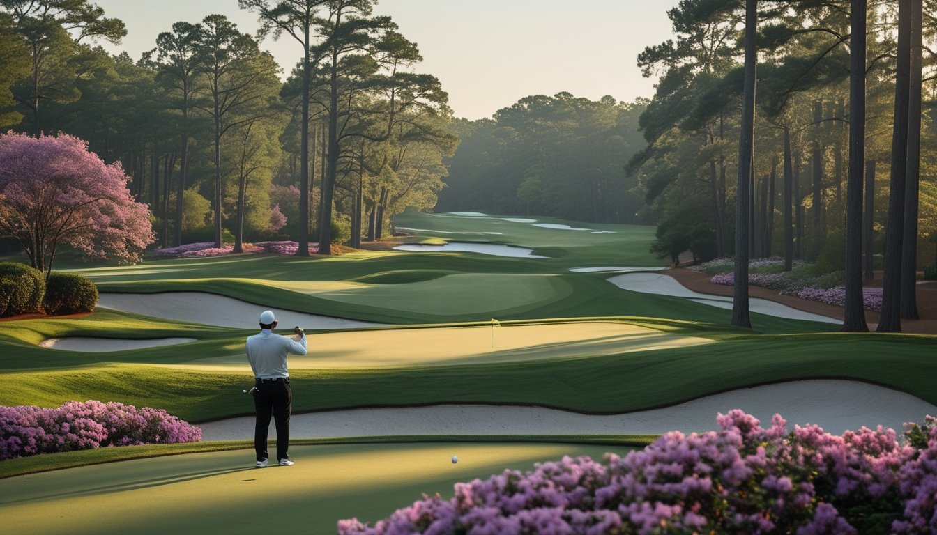 Pegolf mengamati fairway dan green di lapangan golf yang dikelilingi pinus, azalea, bunker pasir, dan kolam.