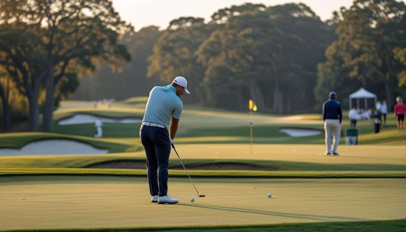 Pegolf profesional bersiap memukul bola di lapangan golf dengan pepohonan, bunker, dan tribun di latar belakang.