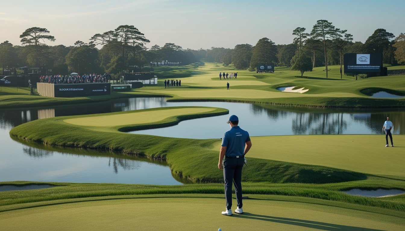 Pegolf profesional mempelajari lapangan turnamen PGA dengan fairway, green, bunker, dan tribun penonton di sekitarnya.