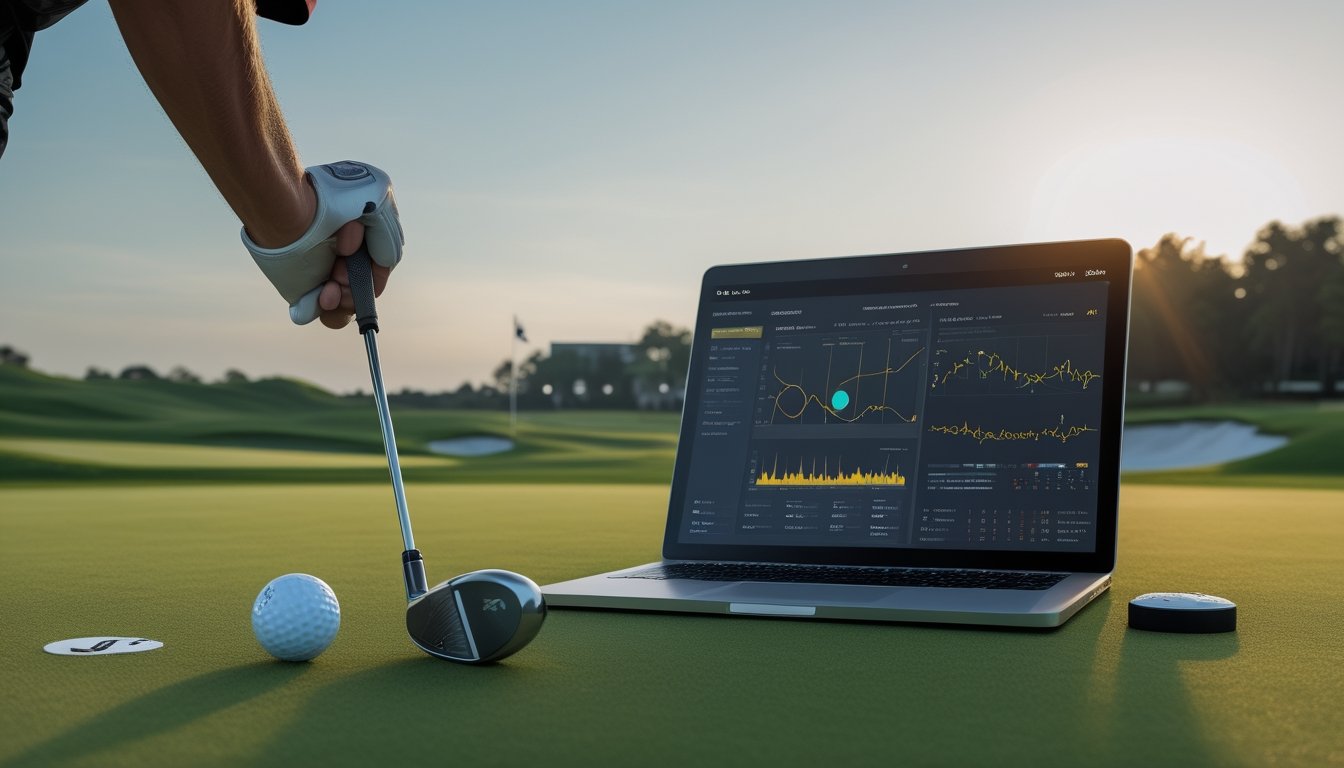 Analis olahraga menganalisis data golf di samping lapangan kejuaraan, dengan tongkat golf, bola, dan lubang putting terlihat jelas.