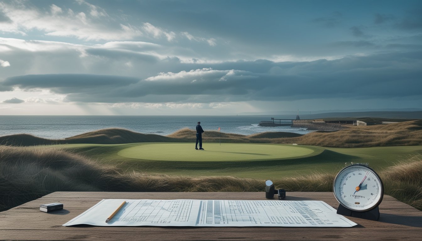 Pegolf dan analis mengamati lapangan golf links pesisir yang berangin dengan langit mendung dan rumput pantai yang tertiup angin.