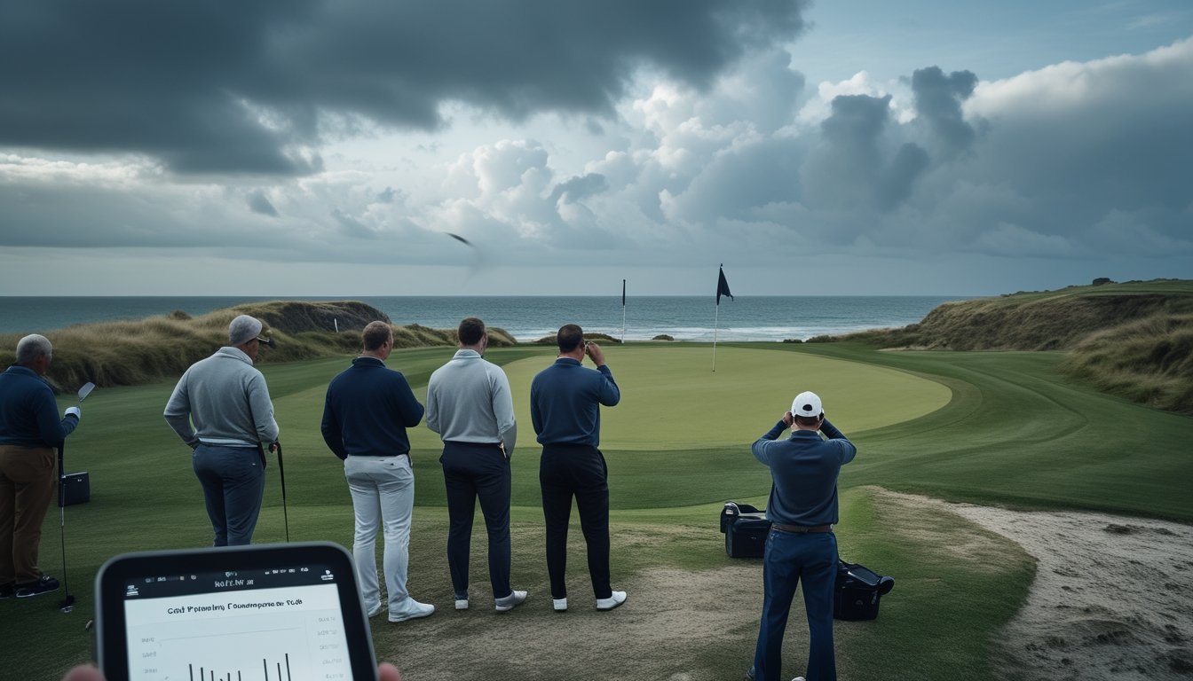 Analis golf mengamati lapangan links di tepi pantai yang berangin sebelum turnamen.