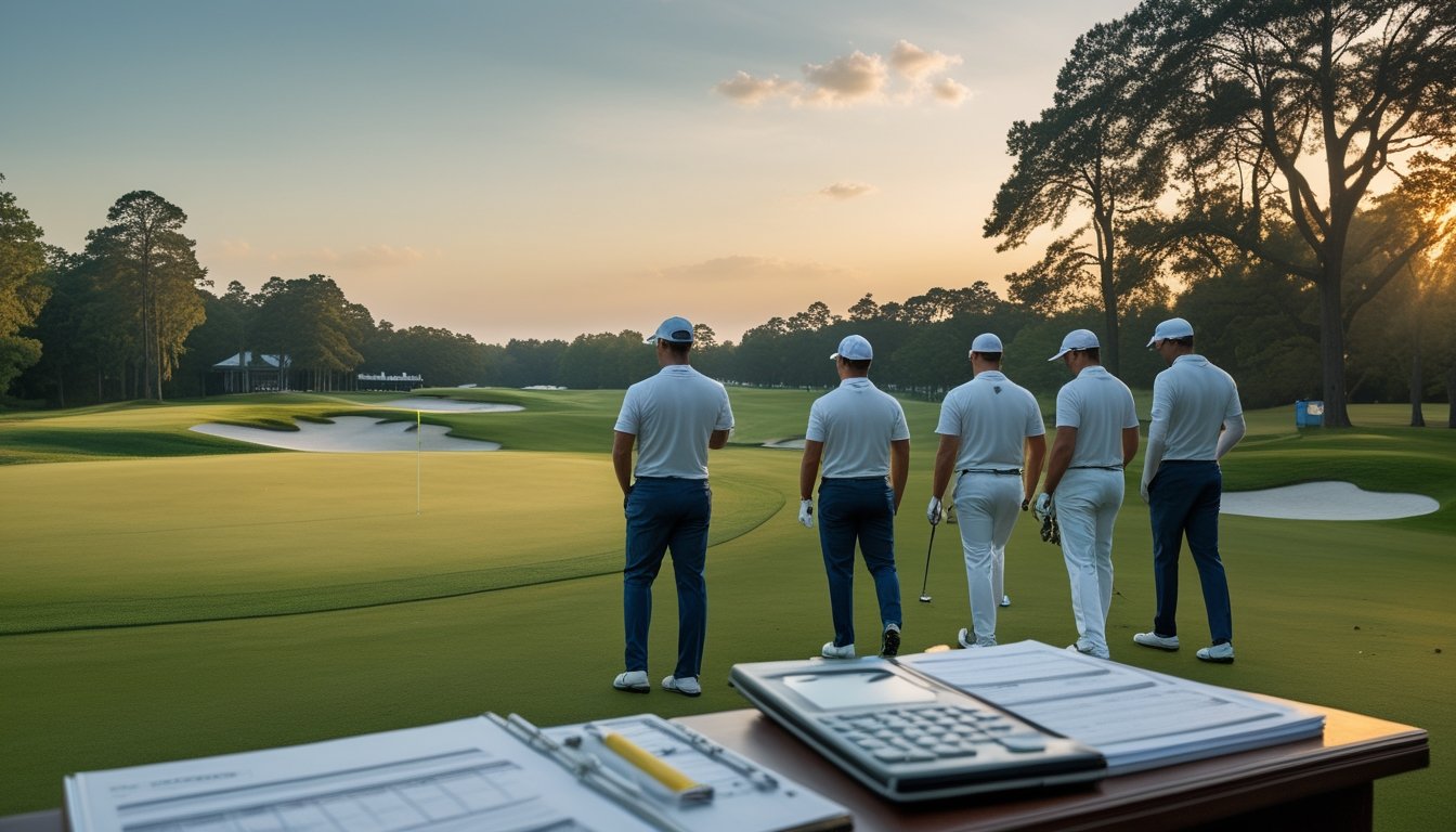 Pegolf profesional dan caddie menganalisis lapangan turnamen dengan perlengkapan golf serta lembar analisis kosong di dekat green.
