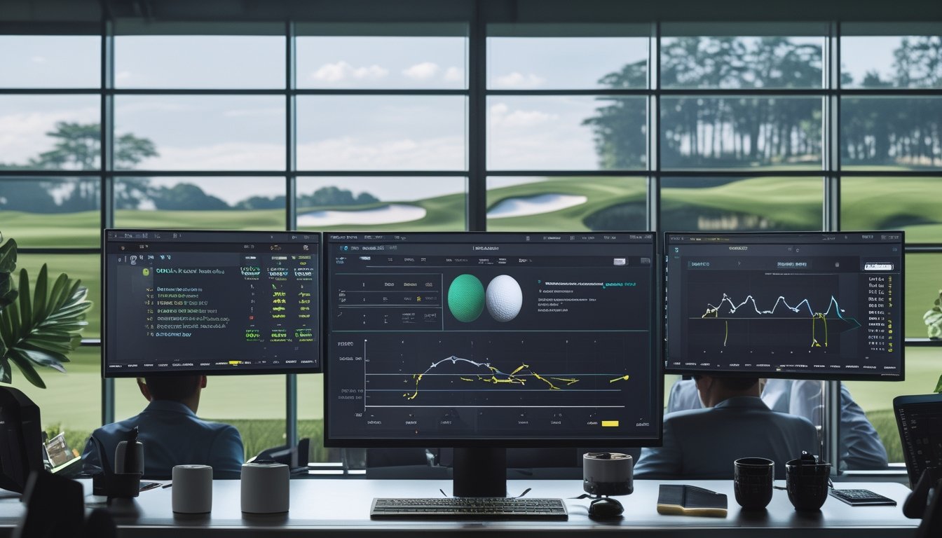 Analis olahraga membandingkan data turnamen golf di ruang kerja modern dengan lapangan golf terlihat di latar belakang.