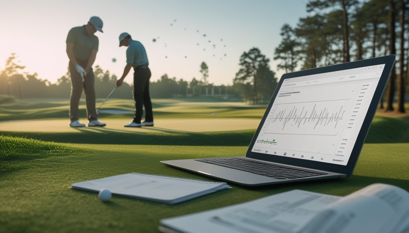 Pegolf profesional bersiap memukul bola di lapangan turnamen dengan tablet analisis performa di dekatnya.
