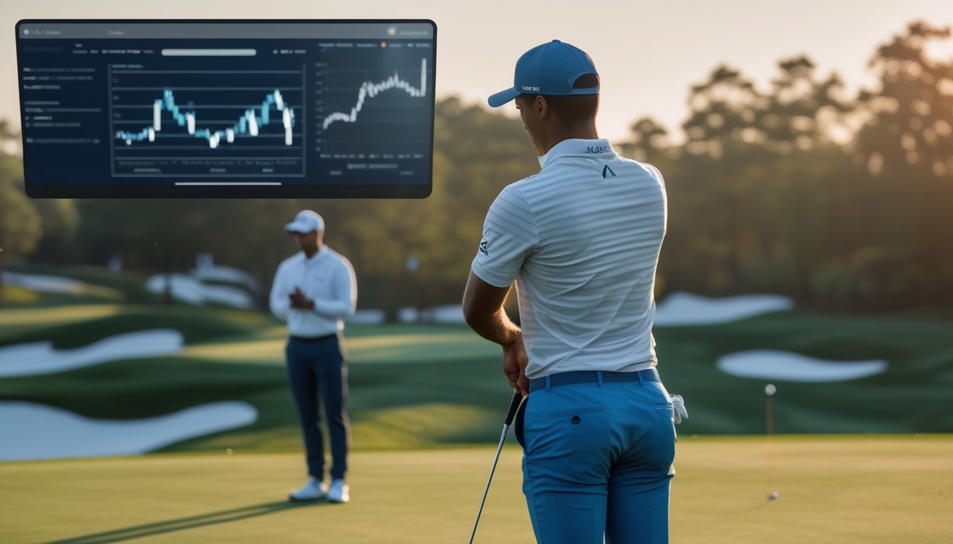 Pegolf profesional bersiap melakukan pukulan di lapangan golf dengan analis mengamati data performa.