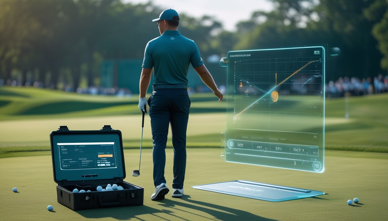 Pegolf profesional membandingkan dua stik golf di lapangan sambil menganalisis data performa ayunan.