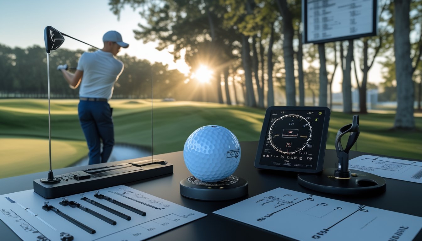 Pegolf profesional menggunakan peralatan yang diperiksa di lapangan golf dengan perangkat analisis performa.