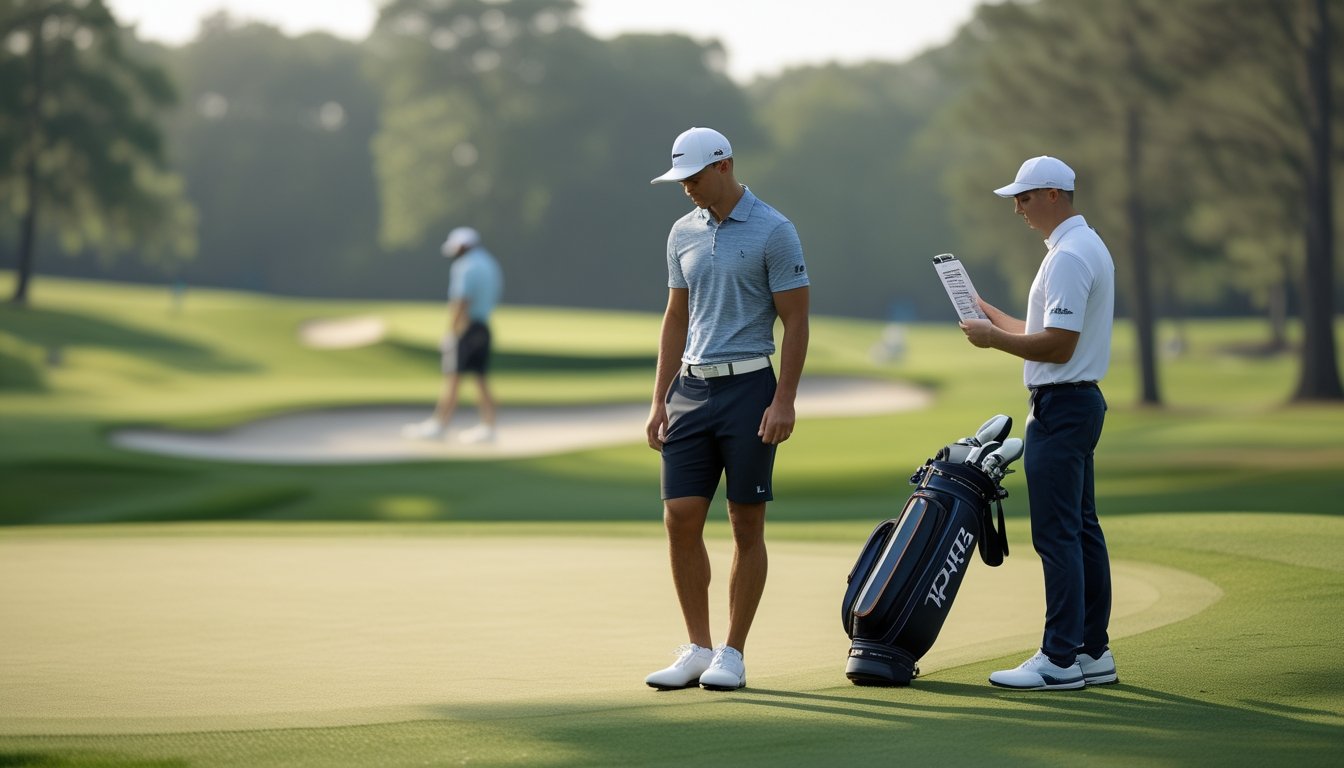 Pegolf profesional memeriksa lututnya saat berlatih bersama fisioterapis di lapangan golf.