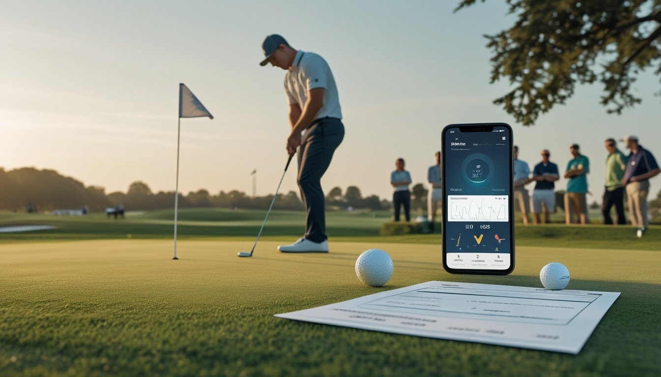 Pegolf bersiap melakukan pukulan di lapangan golf dengan penonton dan ponsel berisi grafik analitik samar di latar depan.