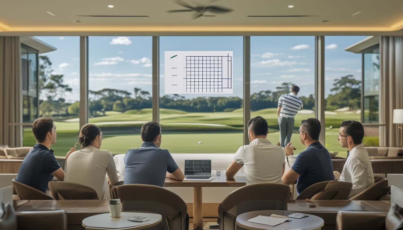 Sekelompok penggemar golf berdiskusi di lounge klub sambil memandang lapangan golf dan pemain yang sedang melakukan putt.