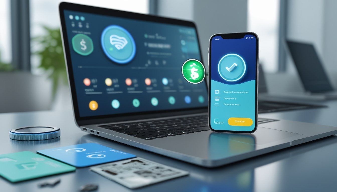 Laptop dan ponsel menampilkan antarmuka pembayaran digital dengan ikon dompet, transaksi, dan tanda berhasil.