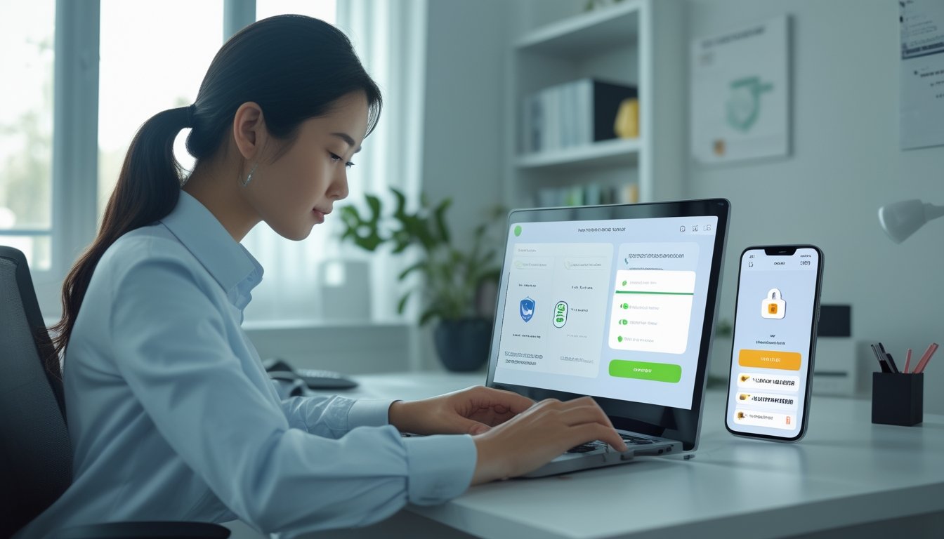 Orang dewasa memeriksa platform permainan daring yang aman di laptop dengan ponsel dan simbol keamanan di meja kerja.