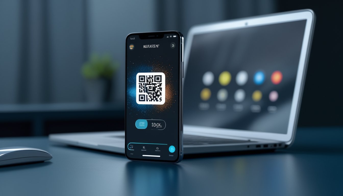 Smartphone menampilkan antarmuka pembayaran digital dengan kode QR abstrak di meja kerja modern.