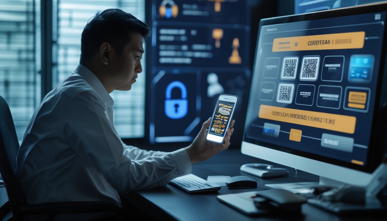 Seseorang tampak cemas melihat ponsel dengan tampilan pembayaran digital di ruang kerja, sementara simbol hukum dan risiko keuangan terlihat samar di latar belakang.