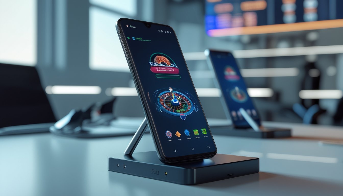 Ponsel Android menampilkan antarmuka permainan kasino digital di atas meja modern.
