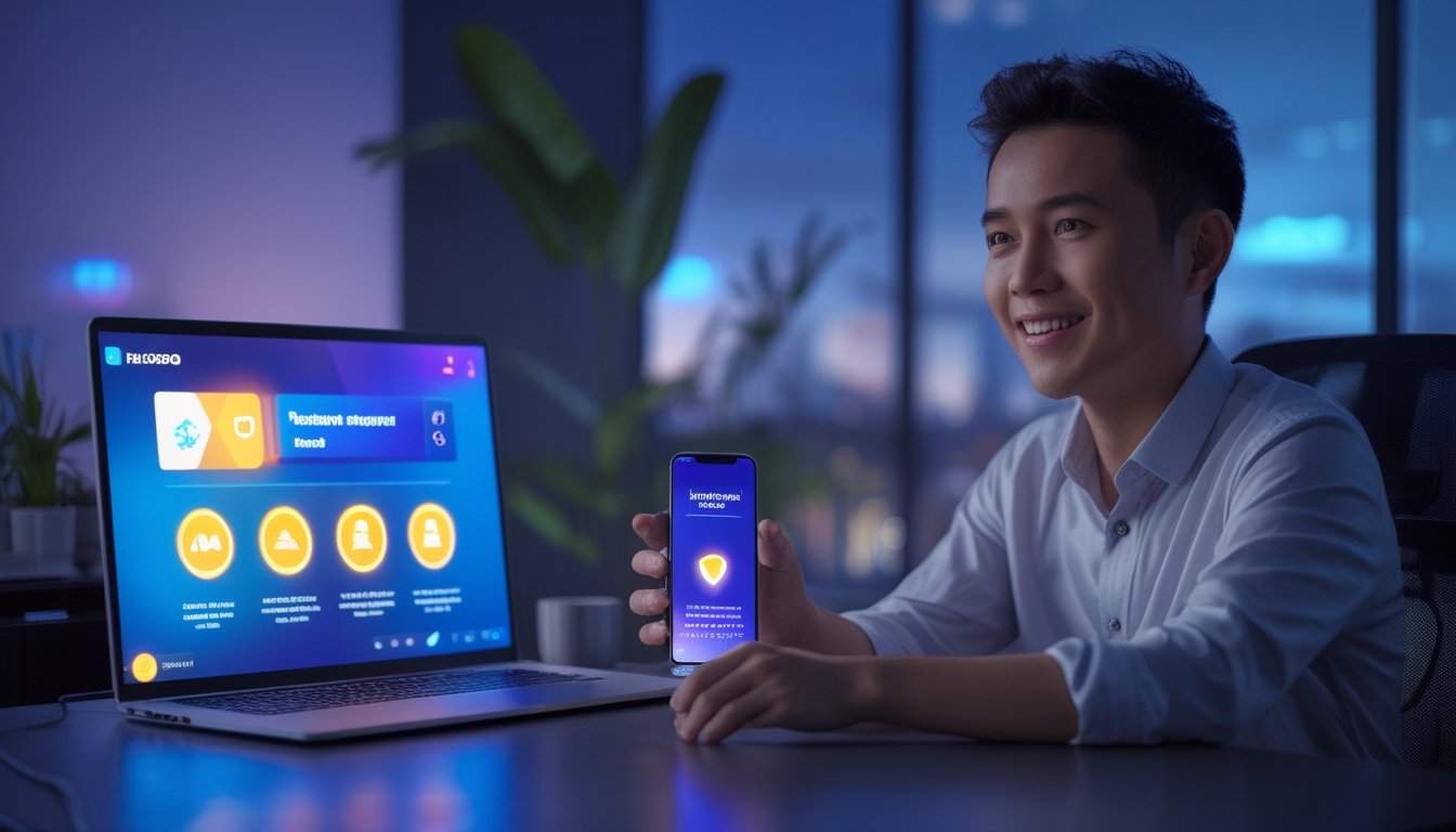 Seorang profesional muda melihat laptop dan ponsel bercahaya di ruang kerja modern.