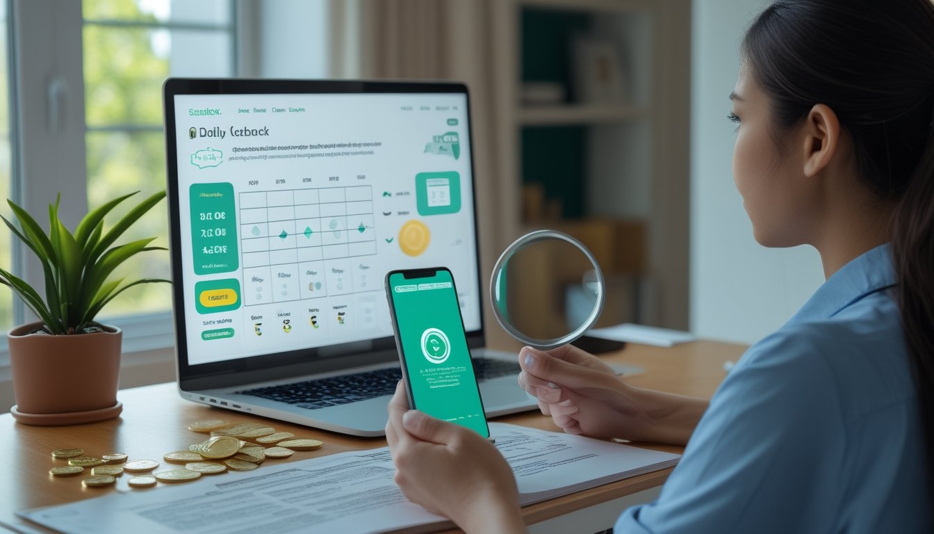 Seseorang meninjau informasi cashback harian melalui laptop dan ponsel di ruang kerja modern.