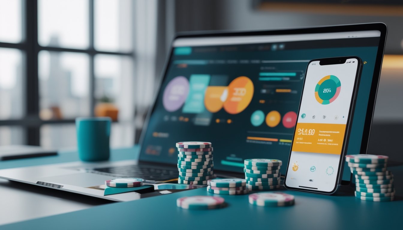 Laptop, ponsel, dan tablet menampilkan grafik abstrak promosi dan analisis di meja kerja modern.