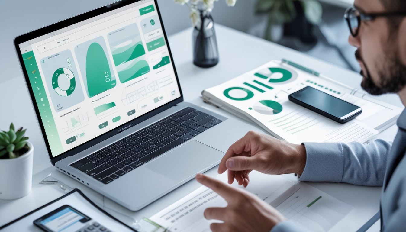 Seorang profesional meninjau dashboard promosi dan perhitungan turnover di meja kerja modern.