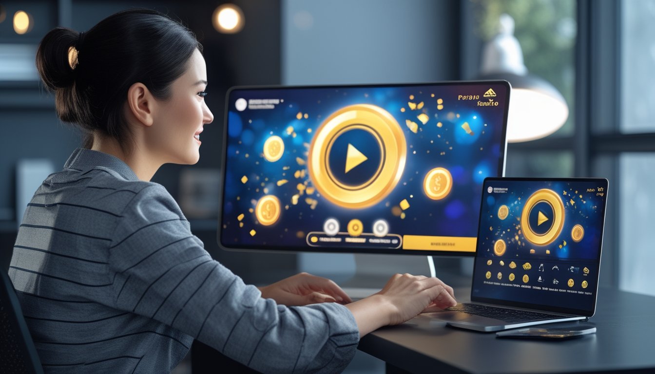 Orang dewasa melihat laptop dan ponsel dengan tampilan permainan digital penuh warna di ruang kerja modern.